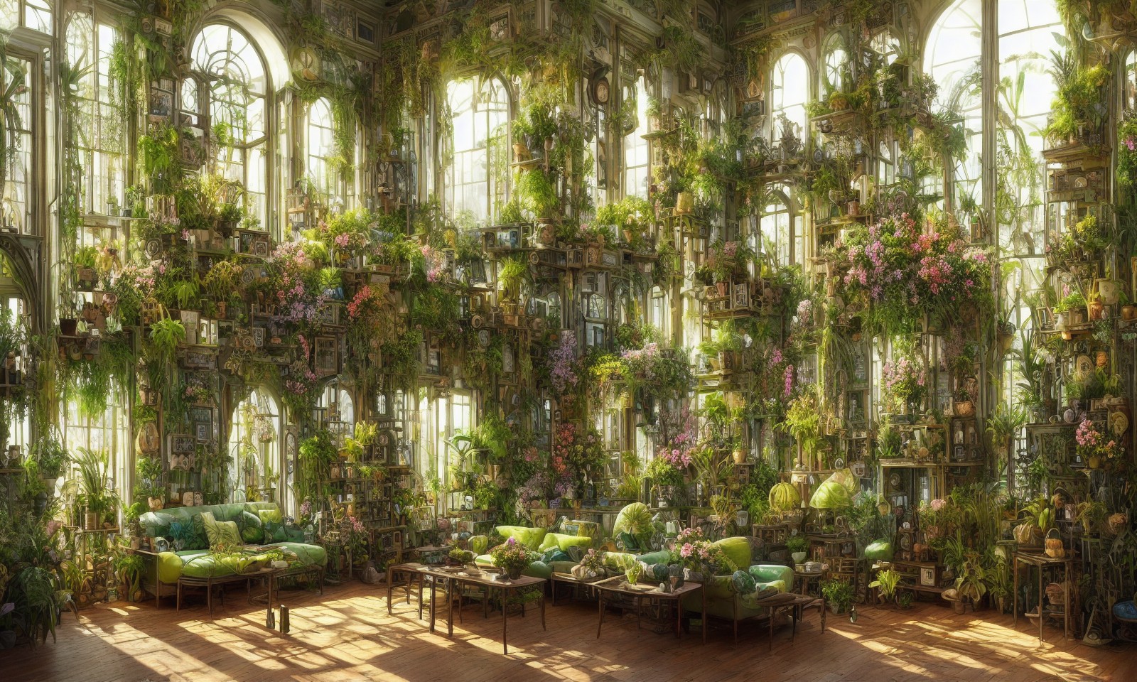布满植物的温室花房客厅